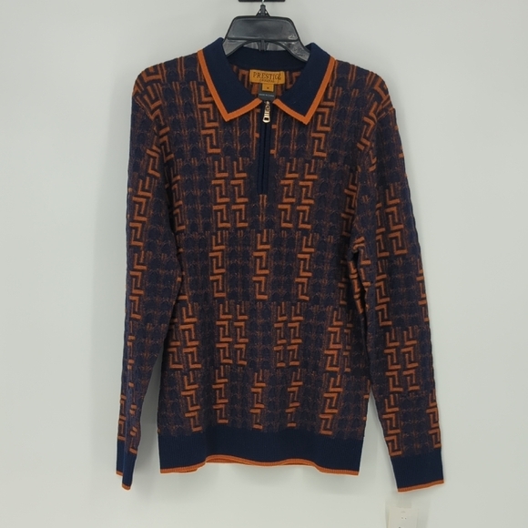 Men's Prestige Geometric Polo Knit Sweater Blue Orange M retro vintage preppy 90 - Picture 1 of 7
